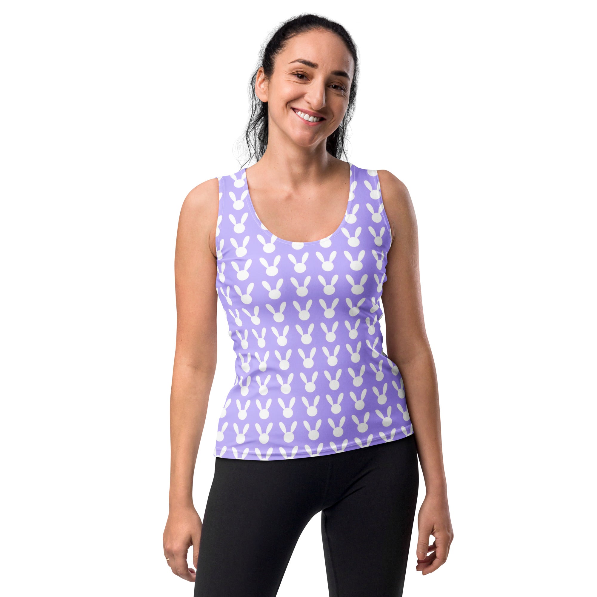 A lavender women’s tank top with white bunny silhouettes made of quick drying buttery soft fabric with UPF 50+