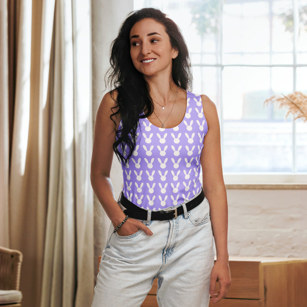 Women’s purple bunny tank top with white bunny pattern made of quick drying buttery soft fabric with UPF 50+ protection