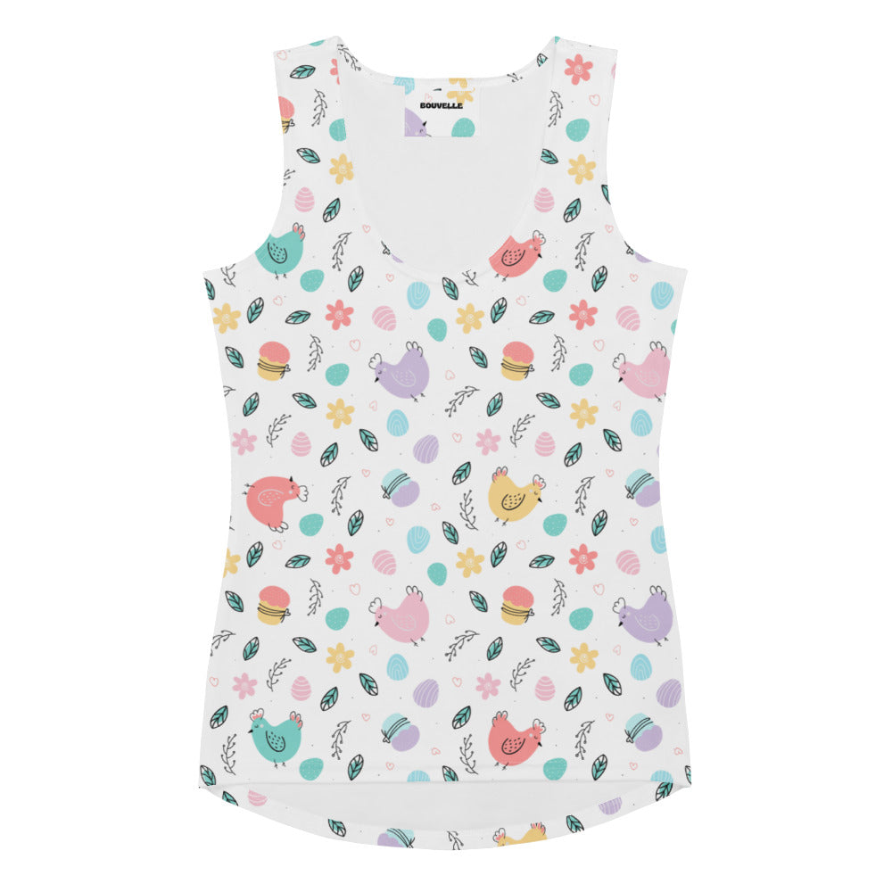 Women’s pastel chick Easter tank top with playful pattern in pastel colors made of quick drying buttery soft fabric with UPF 50+