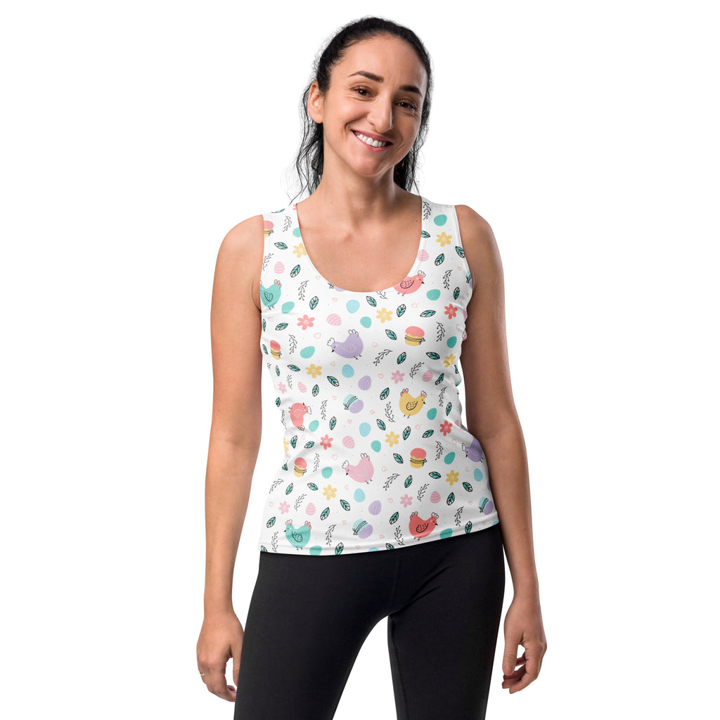 White tank top with pastel easter chicks eggs cupcakes flowers pattern quick drying buttery soft fabric upf 50+
