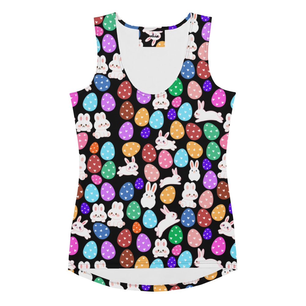 Women’s black tank top with colorful easter eggs and white bunnies quick drying buttery soft fabric upf 50+