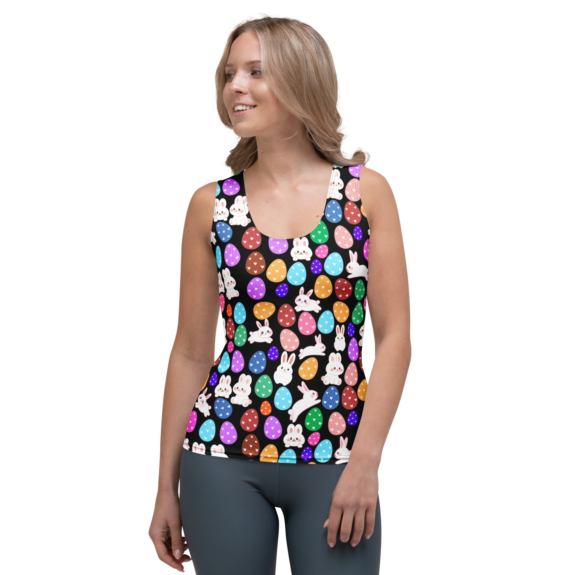Women’s black sleeveless tank top with colorful Easter eggs and white bunnies made from quick drying buttery soft fabric with UPF 50+