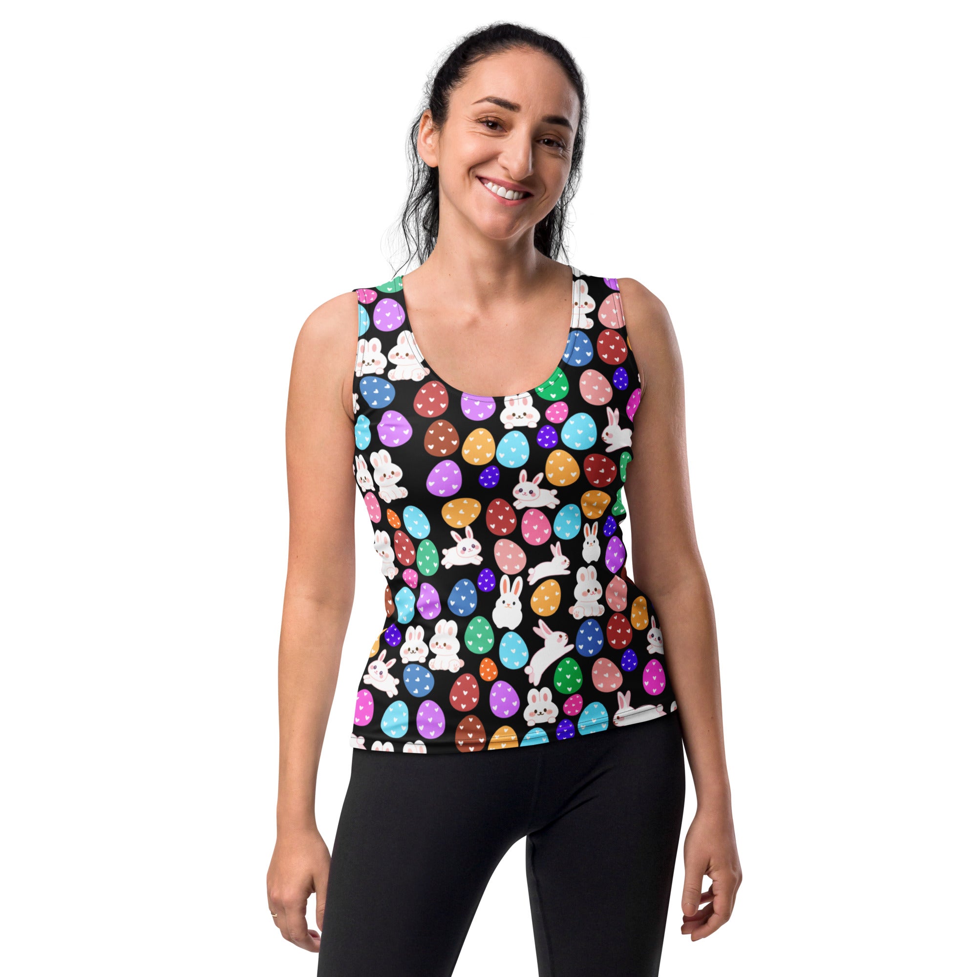 Black sleeveless tank top with colorful easter eggs and white bunnies quick drying buttery soft fabric upf 50+