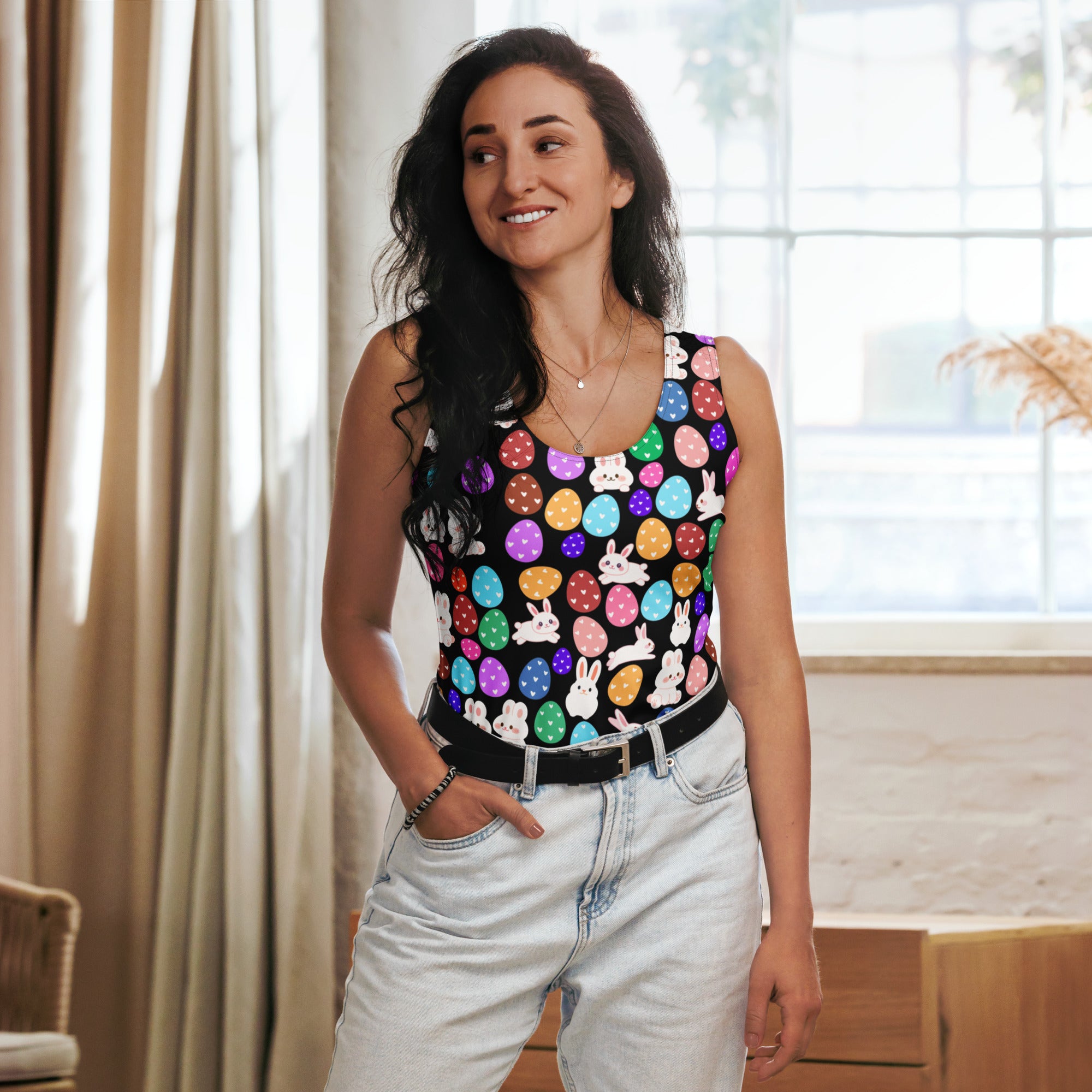 Black women’s sleeveless tank top with colorful bunny eggs pattern made of quick drying buttery soft fabric with UPF 50+