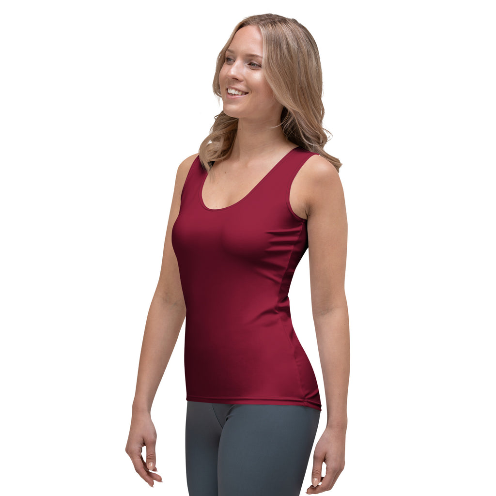 Women’s burgundy fitted sleeveless tank top with rounded neckline made of quick drying buttery soft fabric with UPF 50+