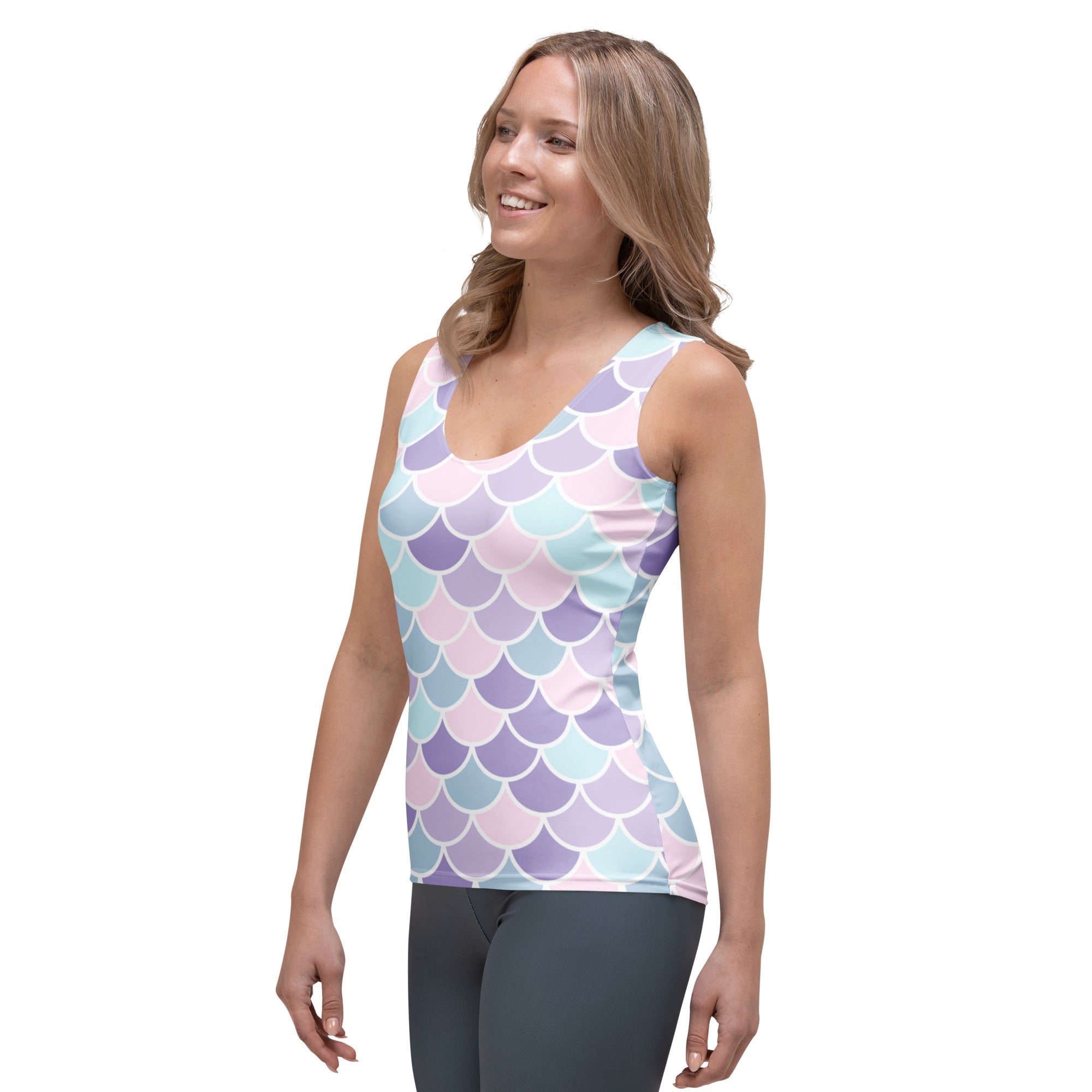 Women’s sleeveless tank top with vibrant pastel mermaid scales in pink lavender and blue quick drying fabric with upf 50+