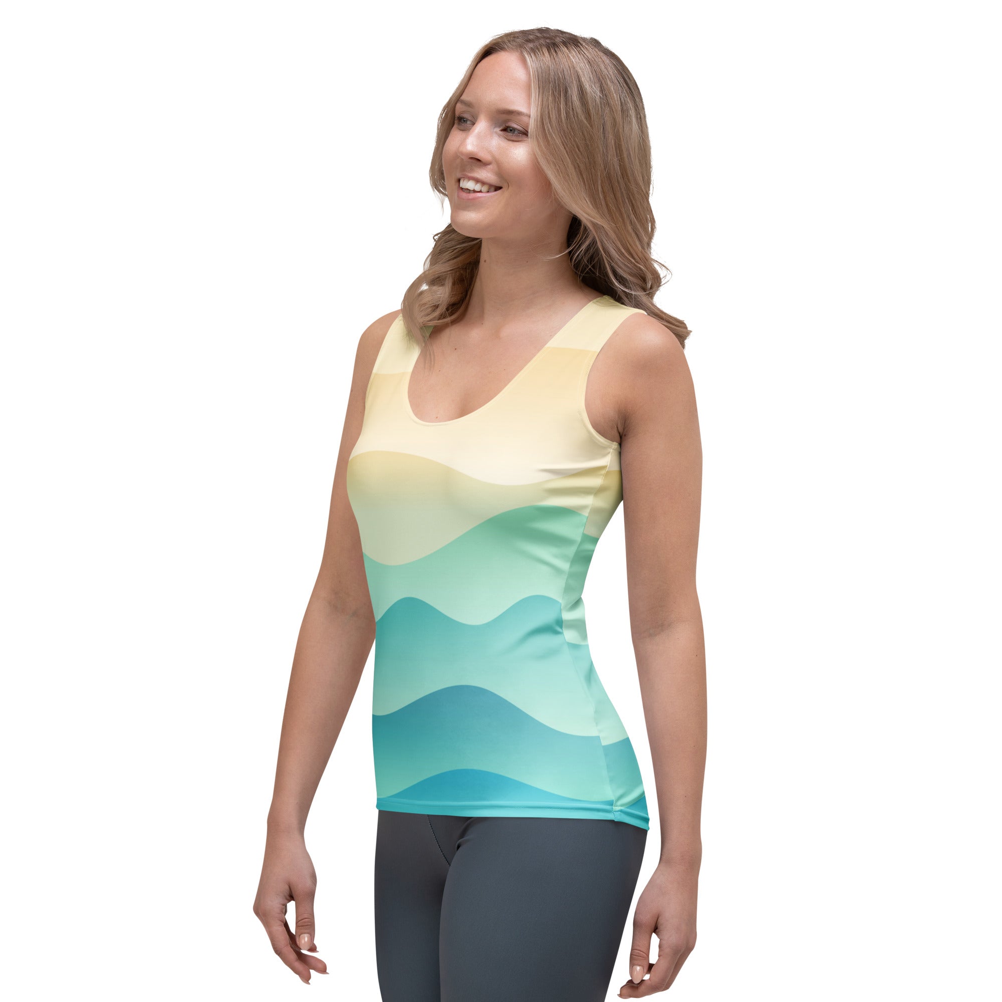 Women’s sleeveless coastal wave tank top in soft yellow to teal gradient with quick drying buttery soft fabric and UPF 50+ protection