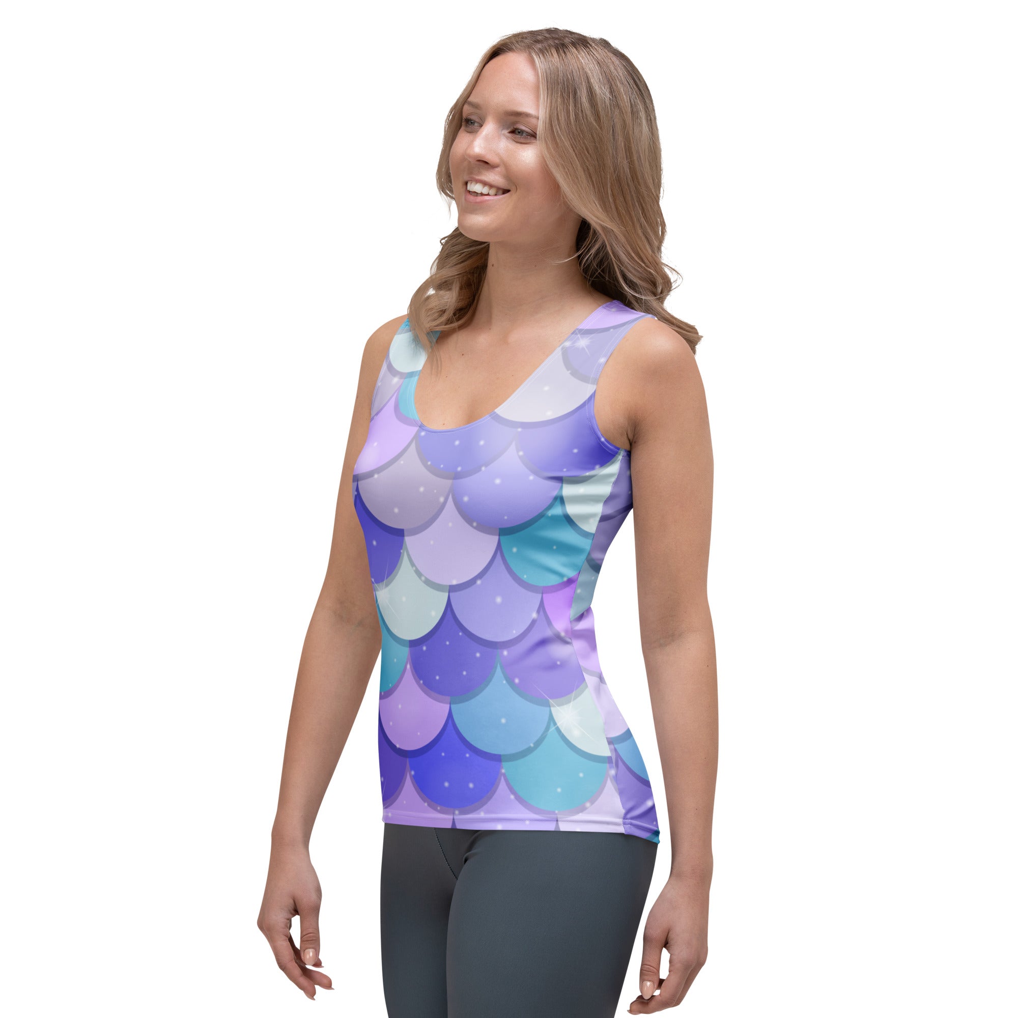 Women’s purple mermaid scale tank top with vibrant gradient pattern quick drying buttery soft fabric upf 50+