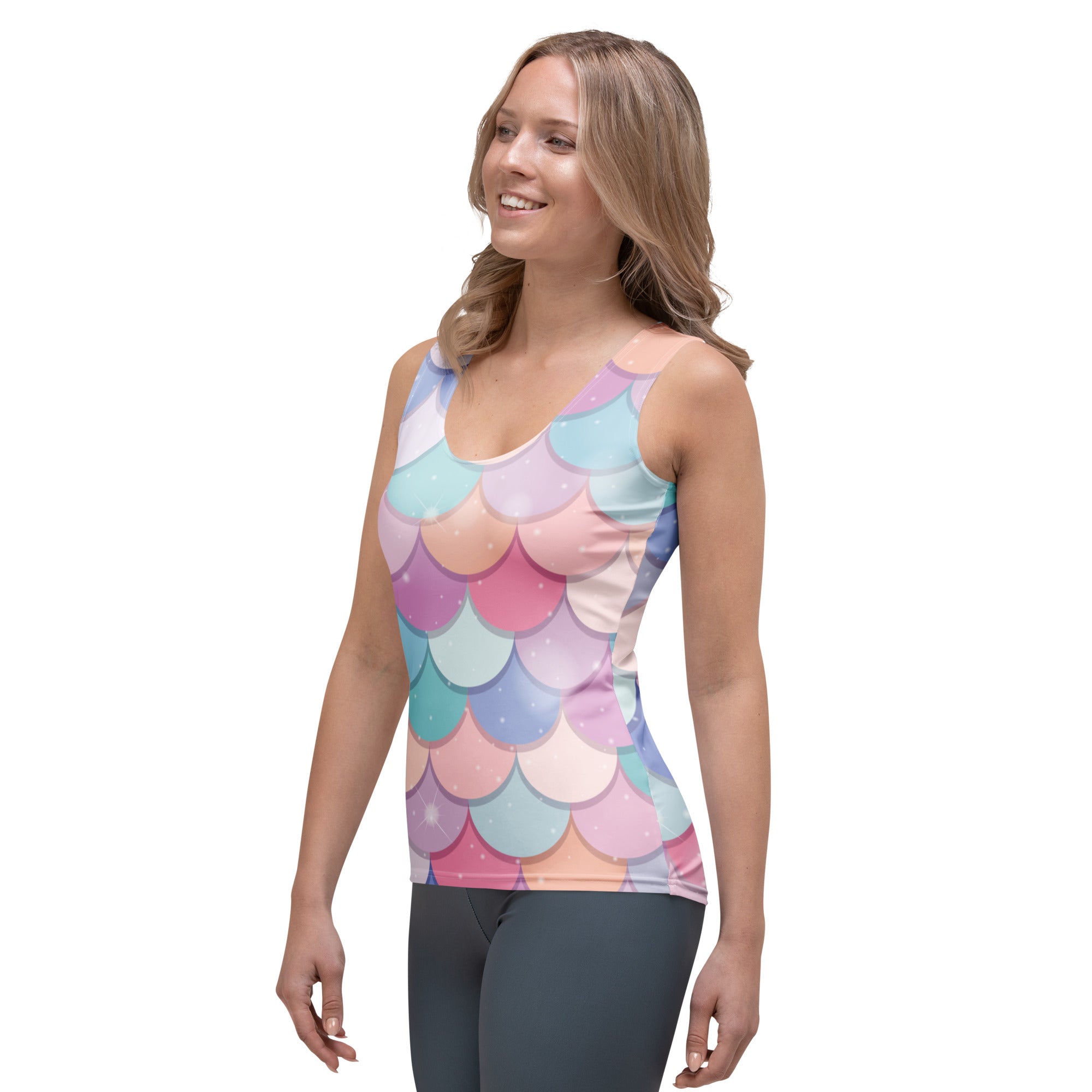 Women’s rainbow mermaid tank top with vibrant pastel pink blue lavender scales quick drying buttery soft fabric upf 50+