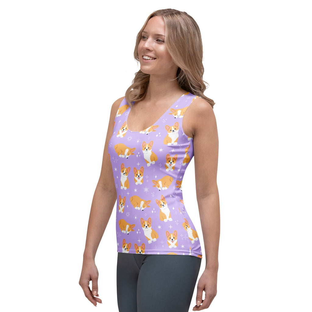Women’s purple corgi dog tank top with quick drying buttery soft fabric and playful orange white corgi pattern