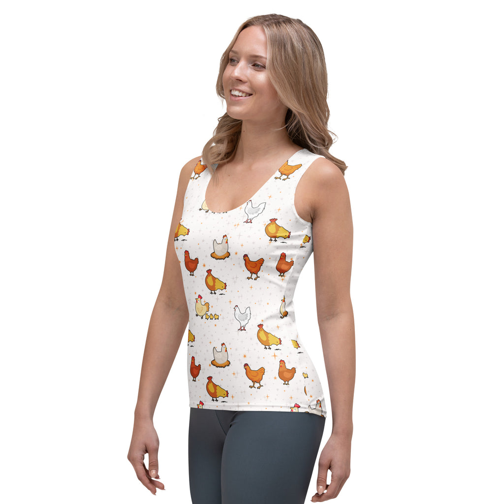 White tank top with a playful cartoon chicken pattern in orange yellow and white made from quick drying buttery soft fabric with upf 50+