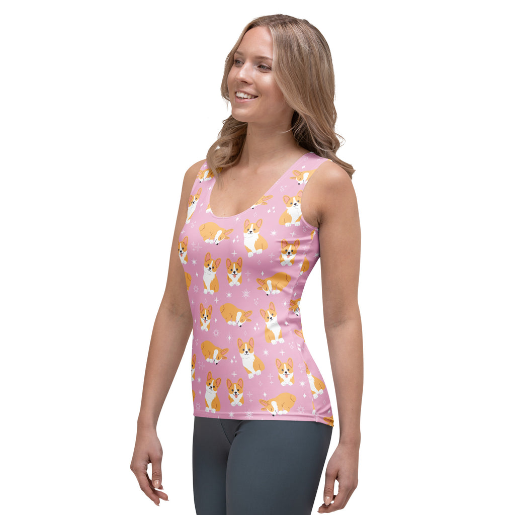 Women’s pink corgi dog tank top with quick drying buttery soft fabric and upf 50 plus for sun protection