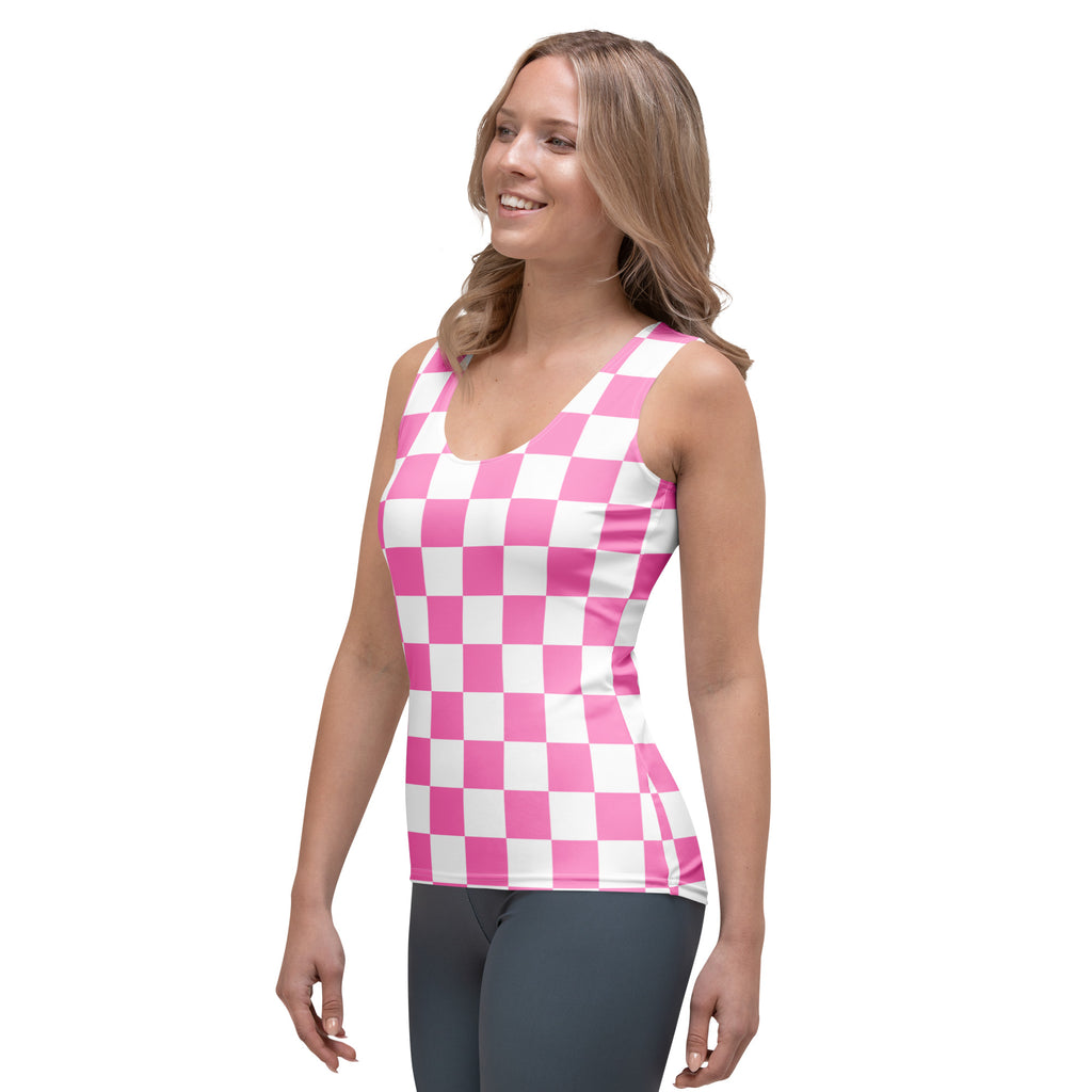 Women’s pink and white checkered sleeveless tank top made of quick drying buttery soft fabric with upf 50+ protection
