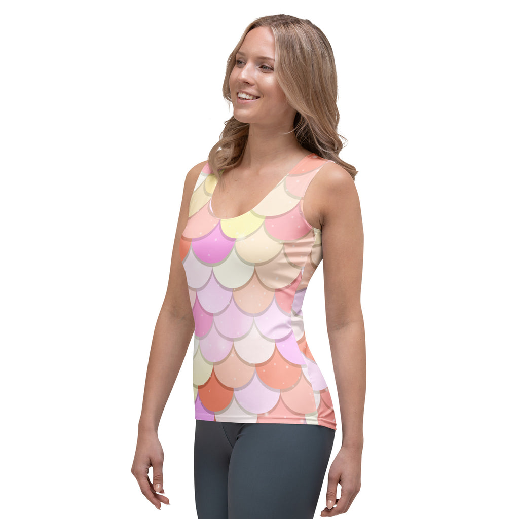 Women’s pink mermaid scale tank top with quick drying buttery soft fabric and upf 50 plus protection