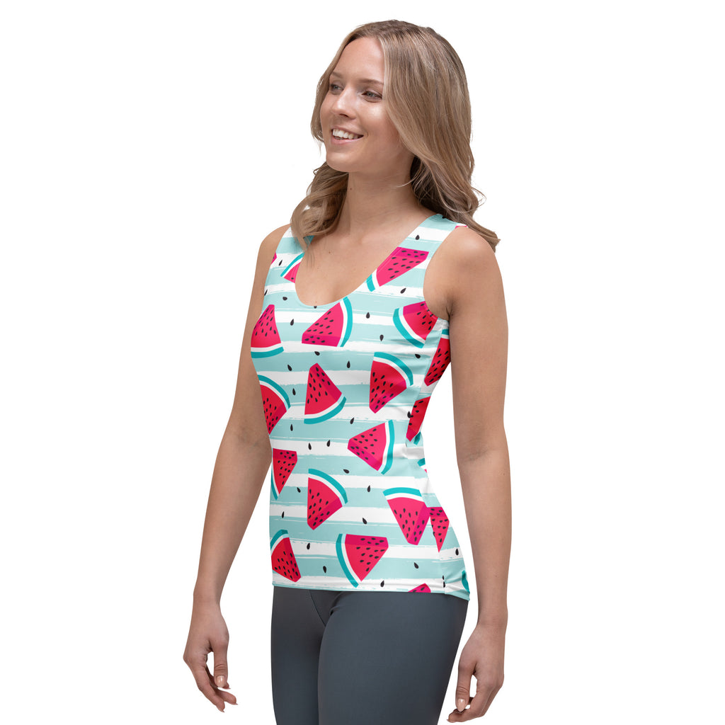 Women’s striped watermelon tank top with teal and white stripes quick drying buttery soft fabric upf 50+