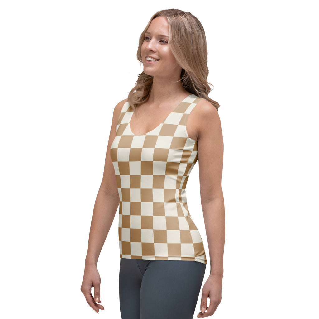 A women’s beige checkerboard tank top in buttery soft fabric with quick drying and UPF 50 plus protection