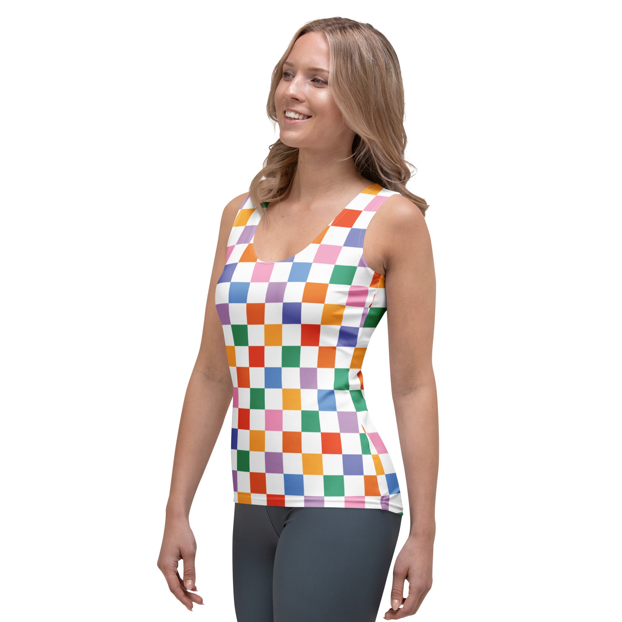 Women’s colorful checkerboard tank top with rainbow hues on white base made of quick drying buttery soft fabric