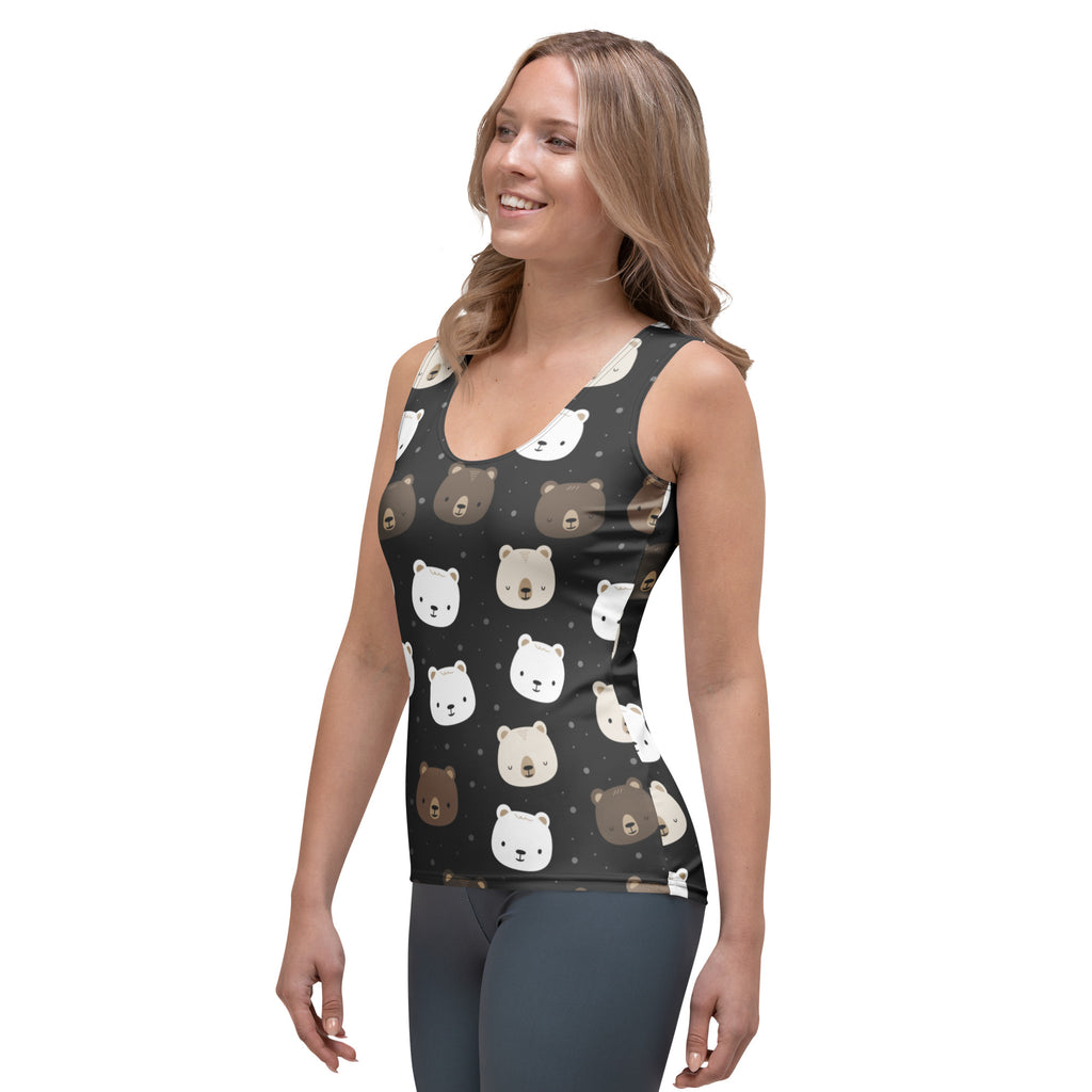 Black sleeveless women’s tank top with playful white and brown bear faces made of quick drying buttery soft fabric with upf 50+