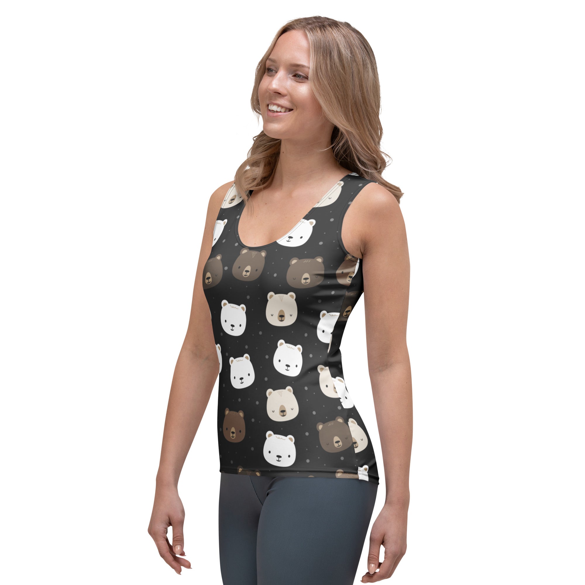 Black sleeveless women’s tank top with playful white and brown bear faces made of quick drying buttery soft fabric with upf 50+