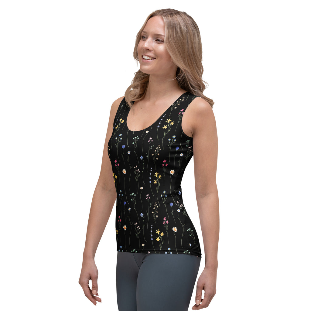 Women’s black wildflower tank top with delicate multicolored floral pattern made of quick drying buttery soft fabric with upf 50+