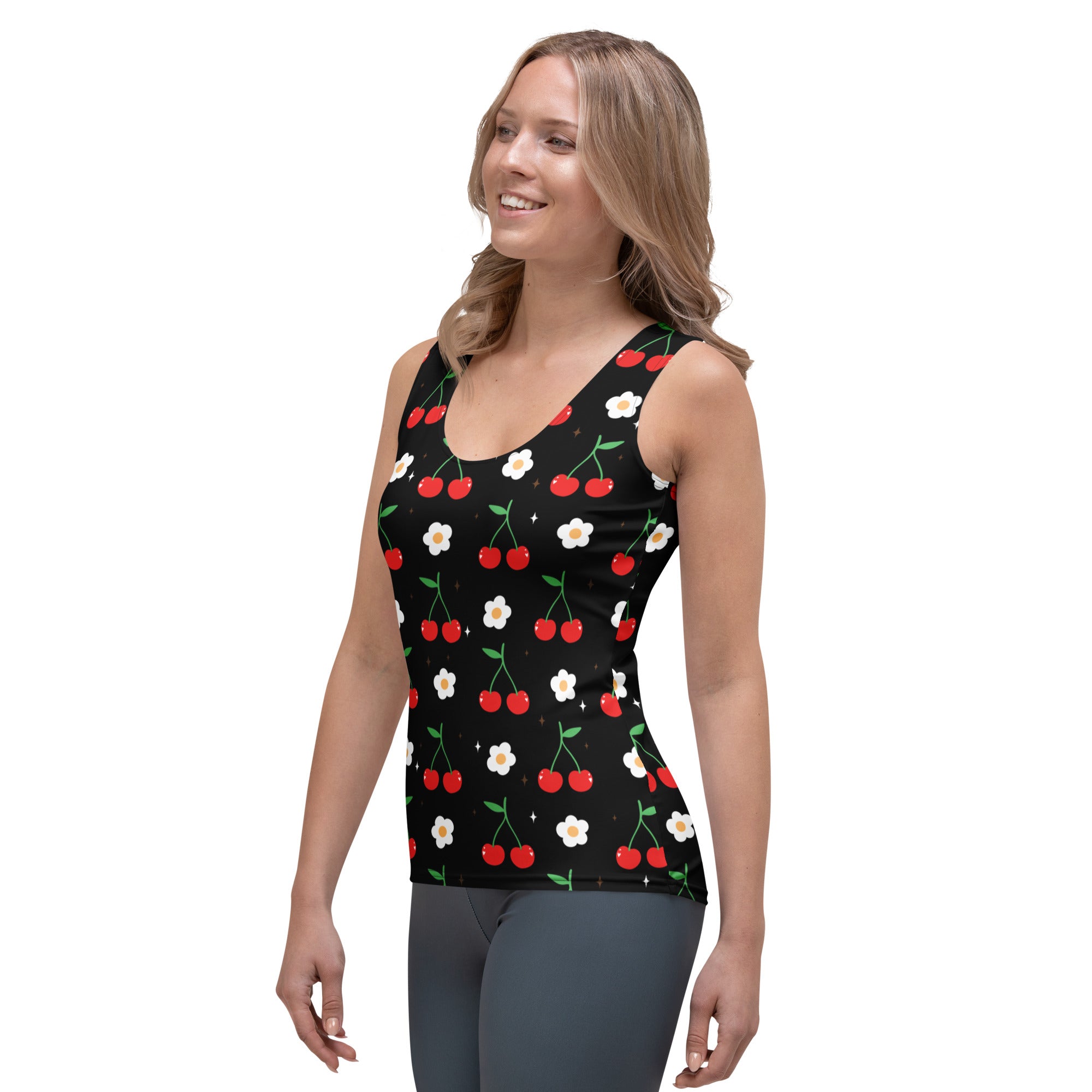 Women’s black sleeveless cherry and daisy print tank top with quick drying buttery soft fabric and upf 50 plus protection