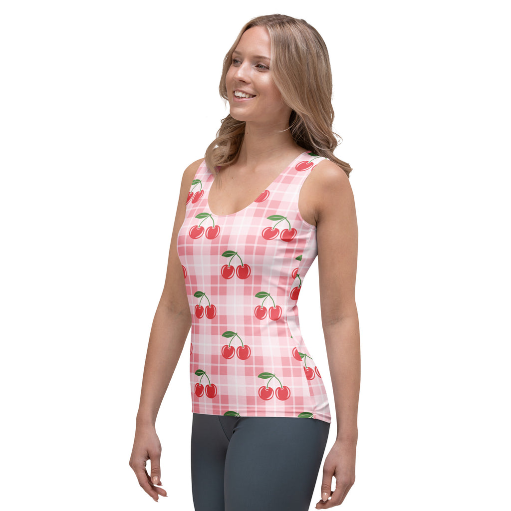 Women’s pink gingham cherry tank top with pink and white plaid cherry print quick drying buttery soft fabric upf 50+