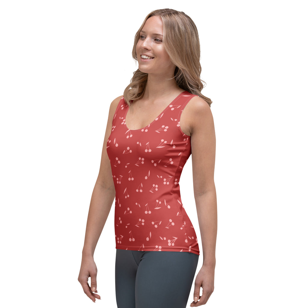 Women’s minimal red cherry print sleeveless tank top in buttery soft quick drying fabric with upf 50+ protection