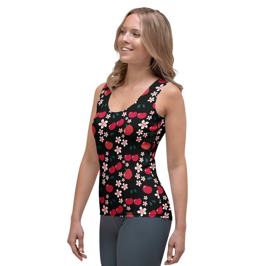 Black tank top with vibrant red cherry and pink floral print made of quick drying buttery soft fabric with UPF 50+