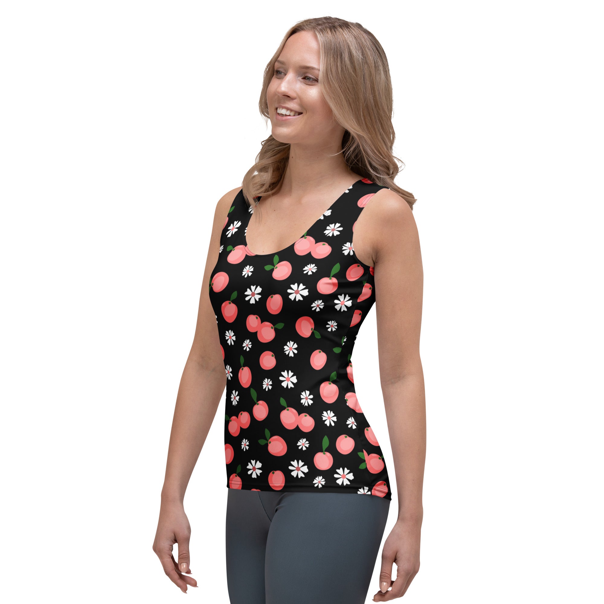 Black sleeveless women’s tank top with pink apple and white daisy print quick drying buttery soft fabric upf 50+