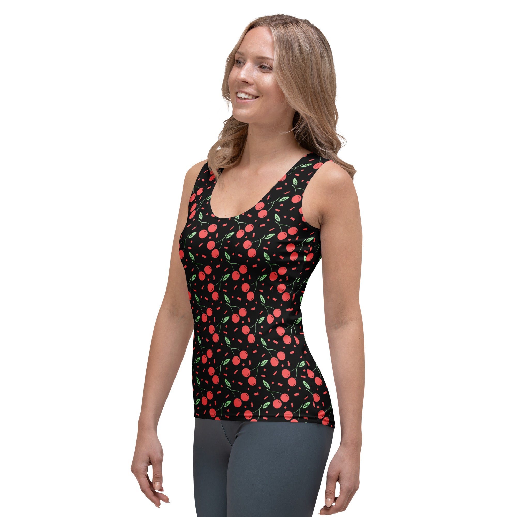 Women’s quick drying cherry print tank top in black with red cherries and green leaves made of buttery soft fabric with upf 50+