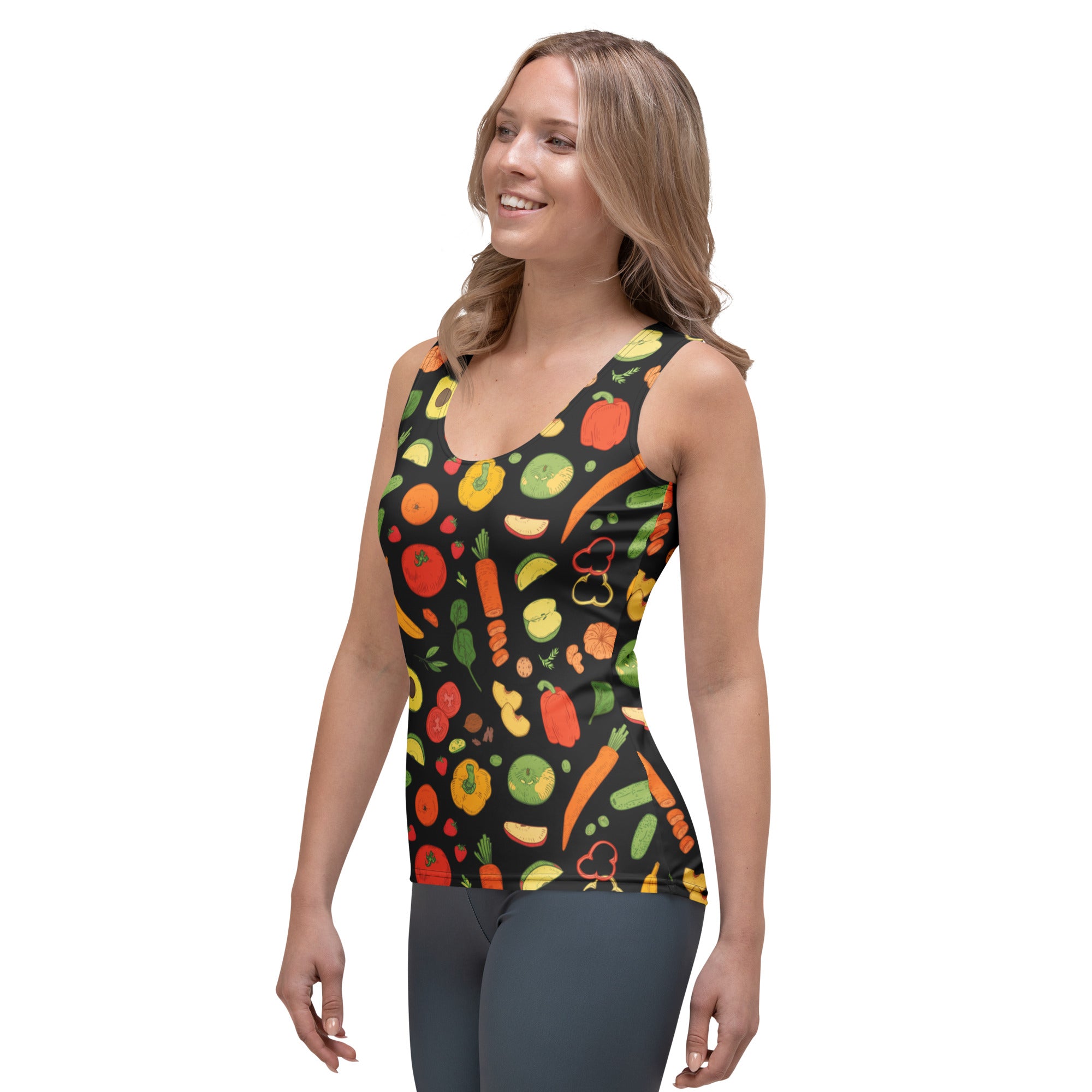 A black sleeveless women’s tank top with a colorful vegetable print made of quick drying buttery soft fabric with UPF 50+