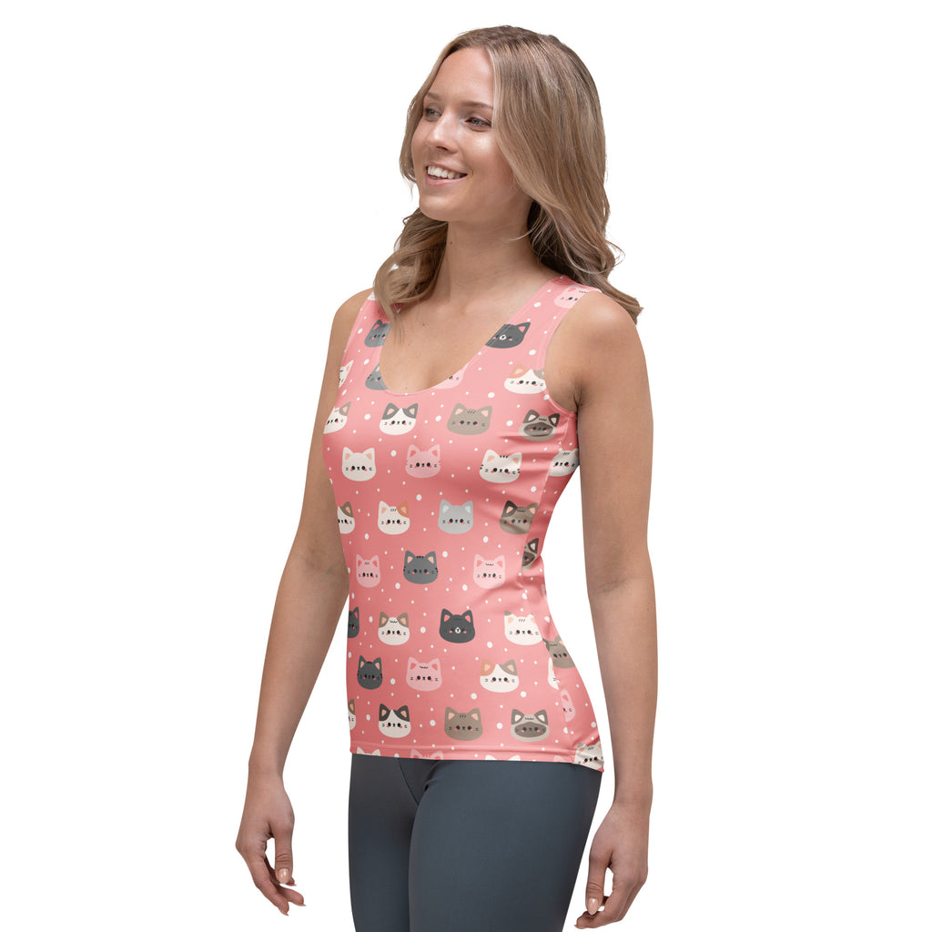 Women’s cute pink cat faces tank top with playful cartoon pattern quick drying buttery soft fabric upf 50+