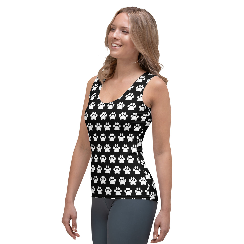Black sleeveless women’s tank top with white paw print pattern made from quick drying buttery soft fabric with upf 50+