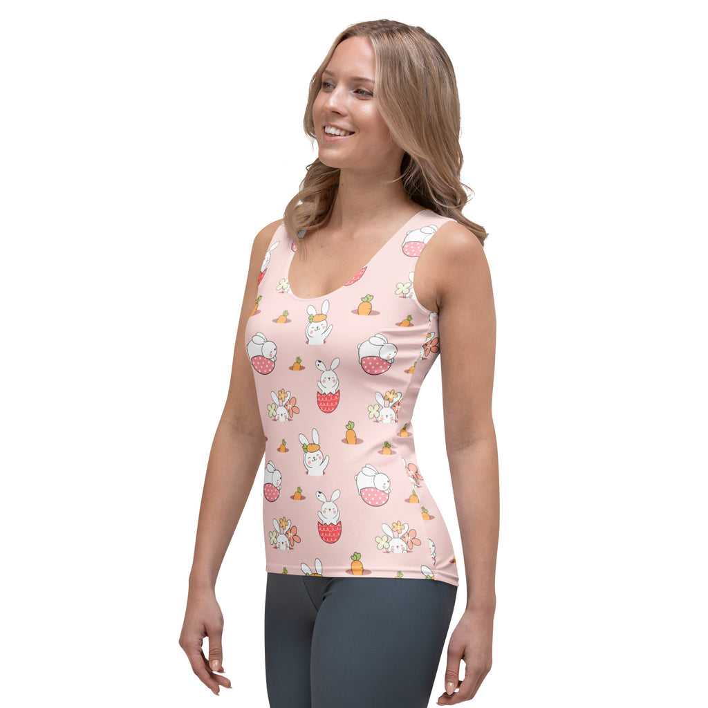 Women’s pink sleeveless easter bunny tank top with white bunnies carrots quick drying buttery soft fabric upf 50+