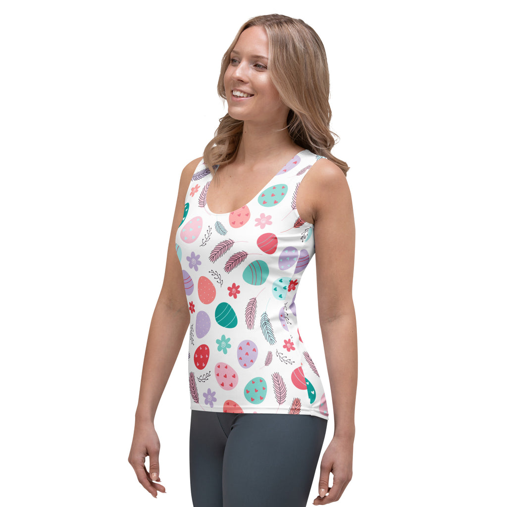 White sleeveless women’s tank top with colorful Easter eggs and flowers pattern made from quick drying soft fabric with UPF 50+