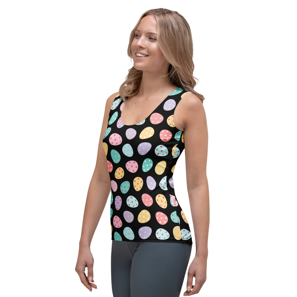 Women’s black sleeveless tank top with pastel easter egg pattern quick drying buttery soft fabric upf 50+