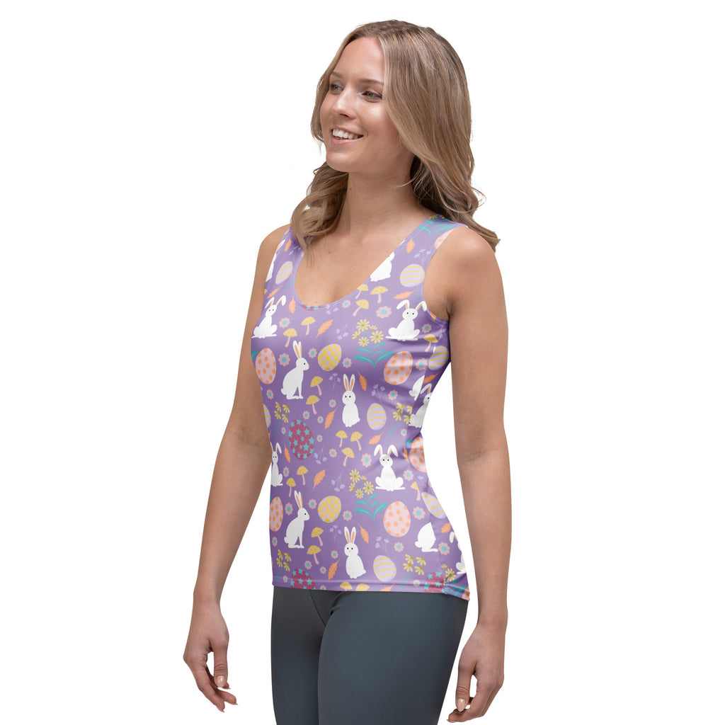 Women’s purple easter bunny tank top with playful print in quick drying buttery soft fabric and upf 50 plus protection