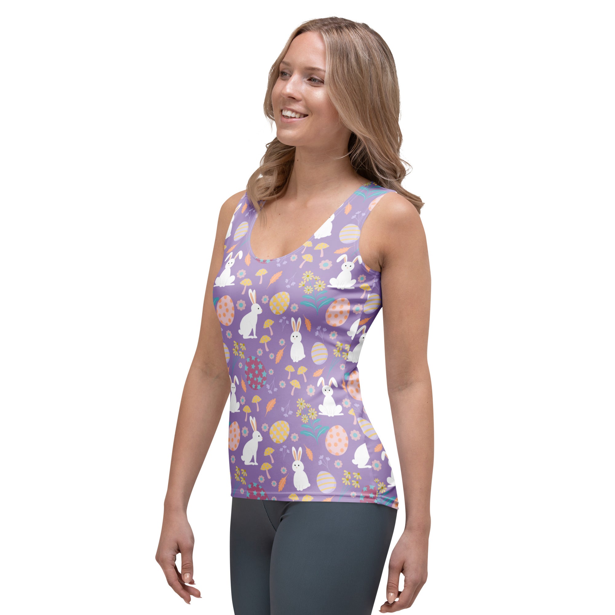 Women’s purple easter bunny tank top with playful print in quick drying buttery soft fabric and upf 50 plus protection