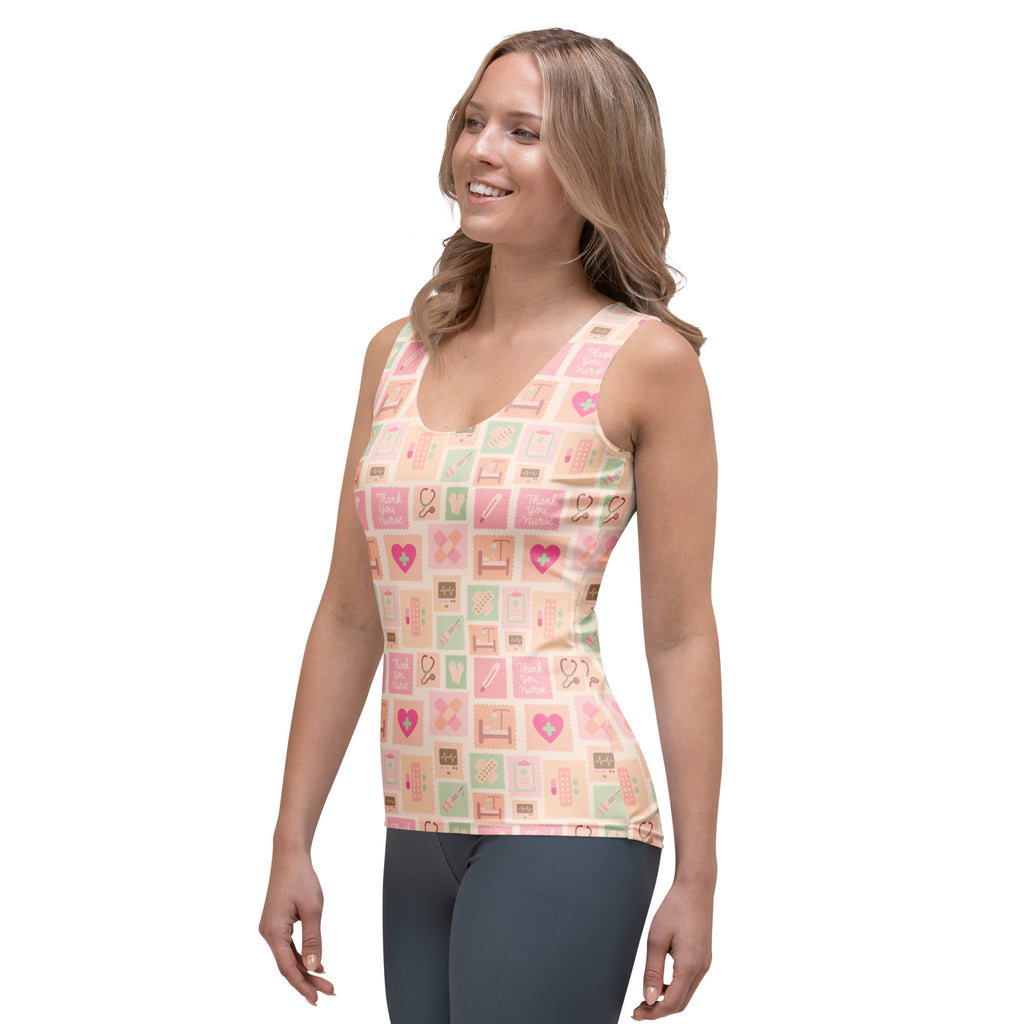 Women’s pink nurse icon tank top in soft pastel tones with quick drying buttery soft fabric and upf 50 plus protection