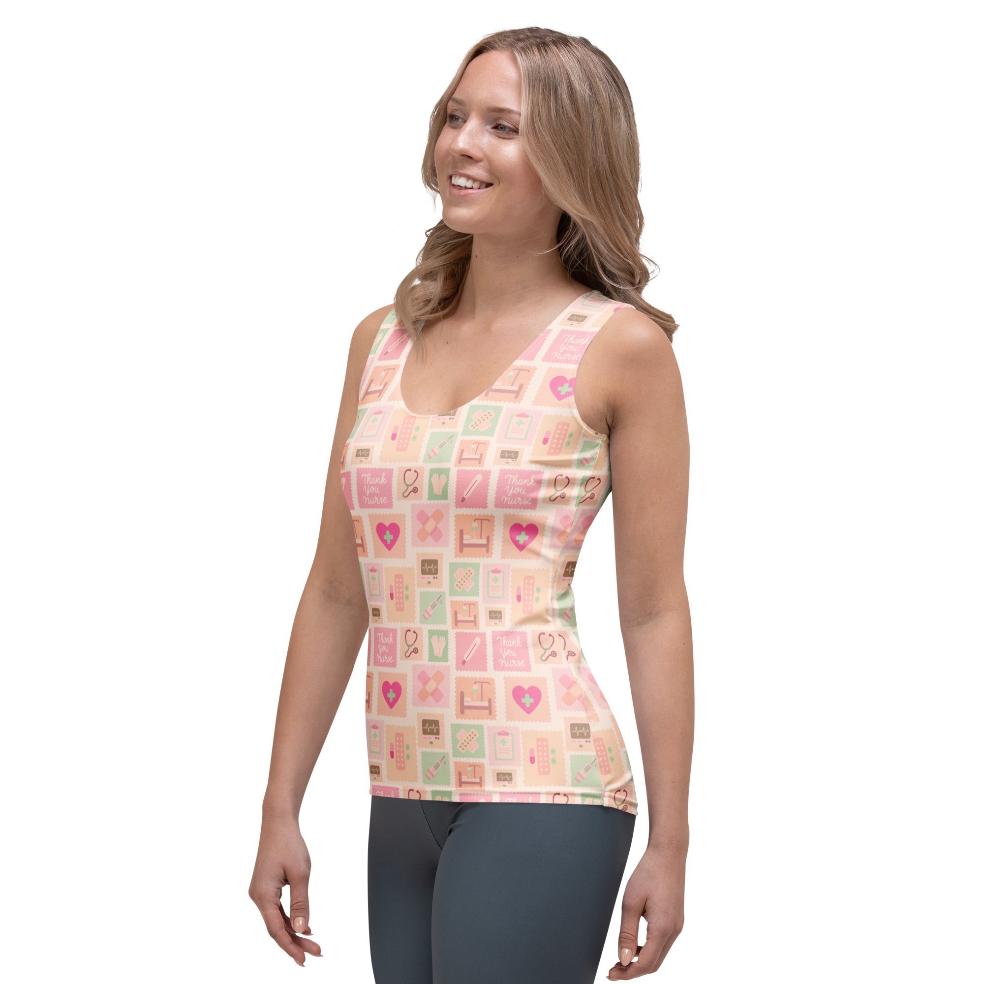 Women’s pink nurse icon tank top in soft pastel tones with quick drying buttery soft fabric and upf 50 plus protection