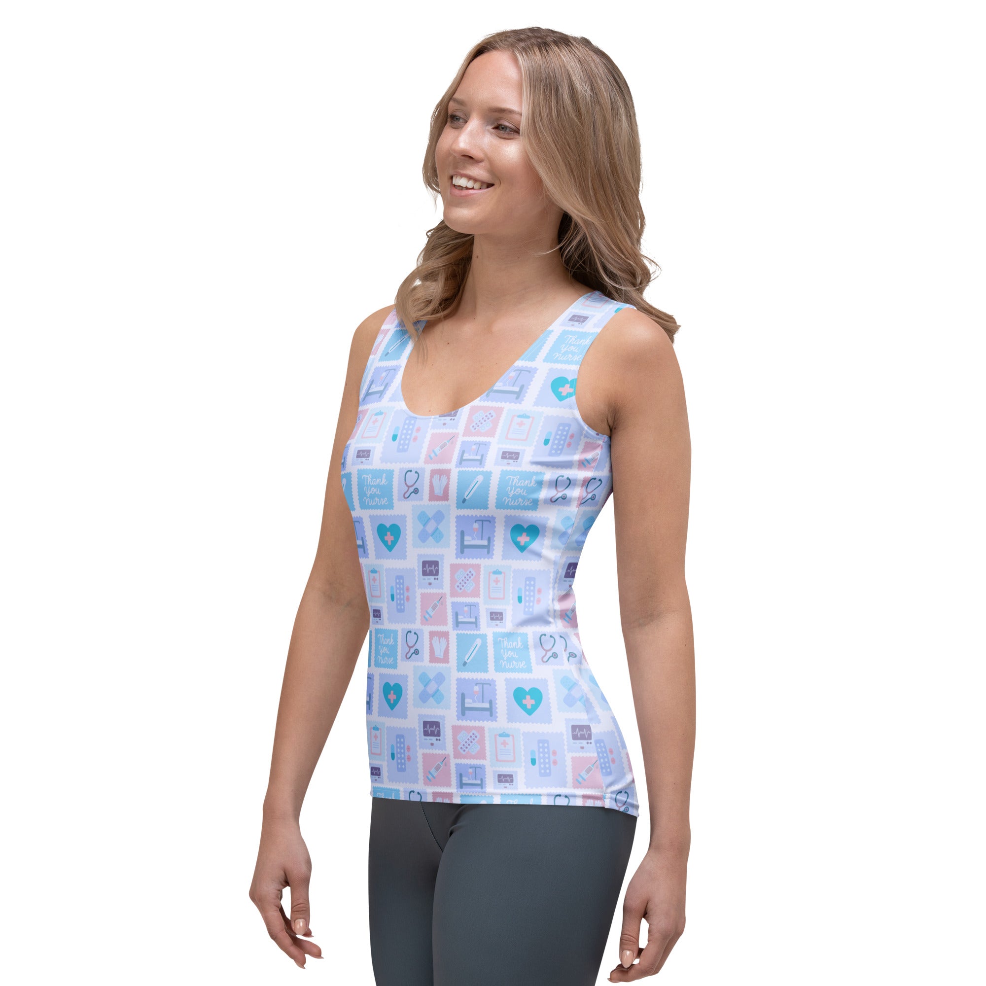 Women’s blue nurse icon tank top with light blue and pink medical graphics quick drying buttery soft fabric upf 50+