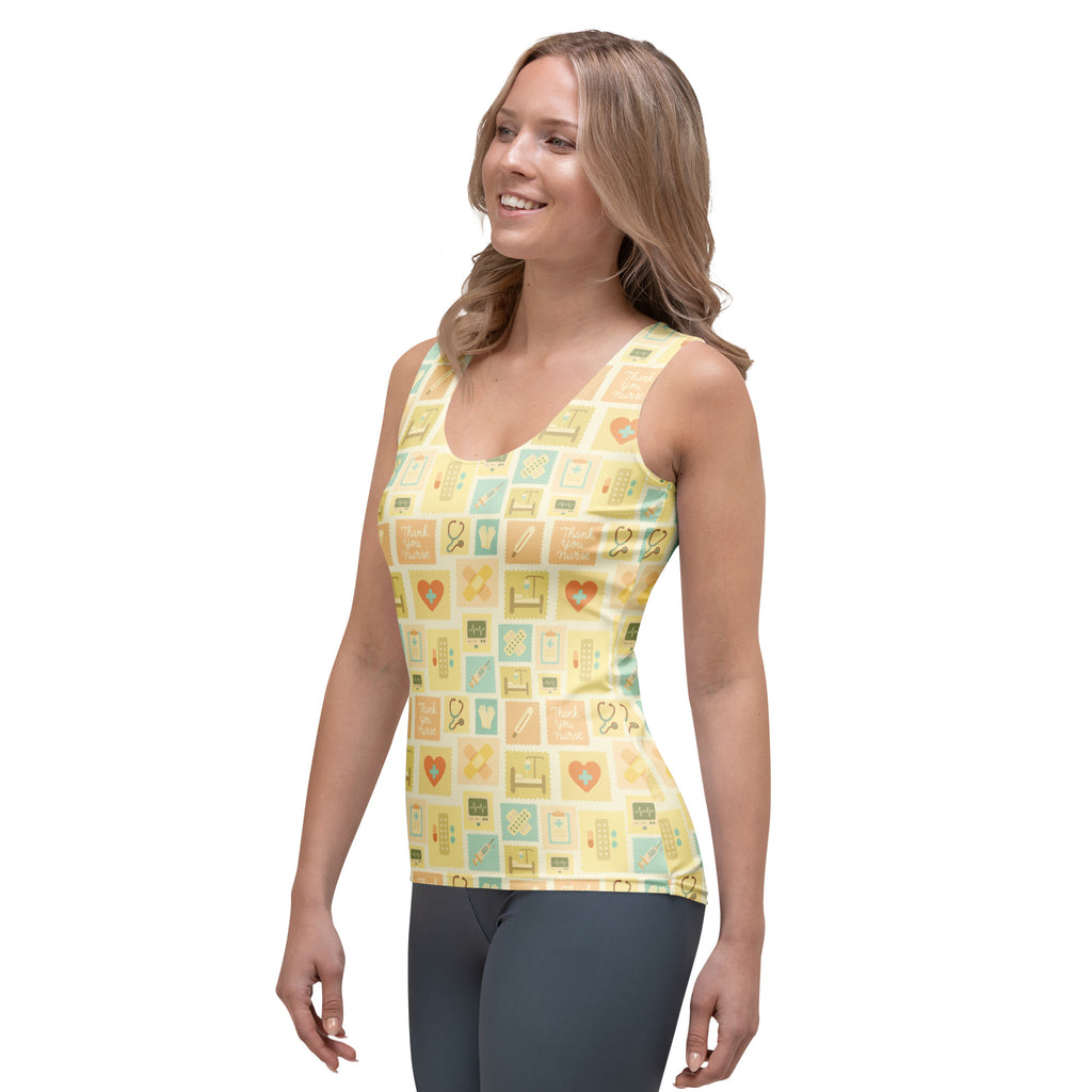 Women’s yellow nurse icon tank top with quick drying buttery soft fabric and pastel medical themed print