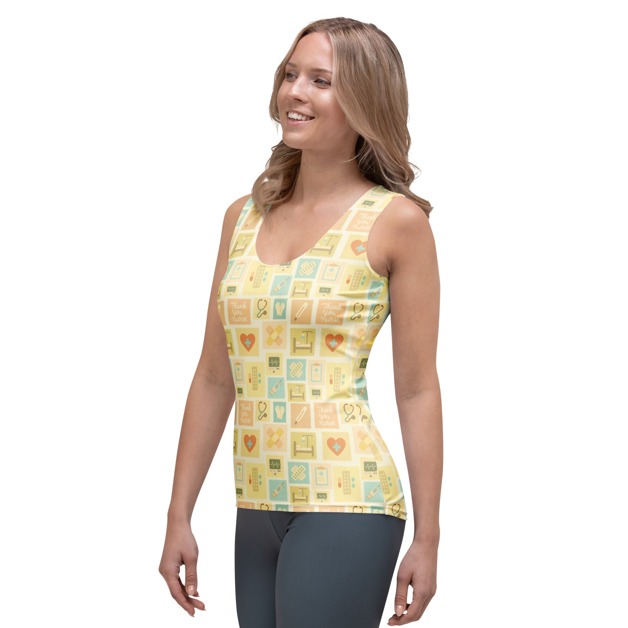 Women’s yellow nurse icon tank top with quick drying buttery soft fabric and pastel medical themed print