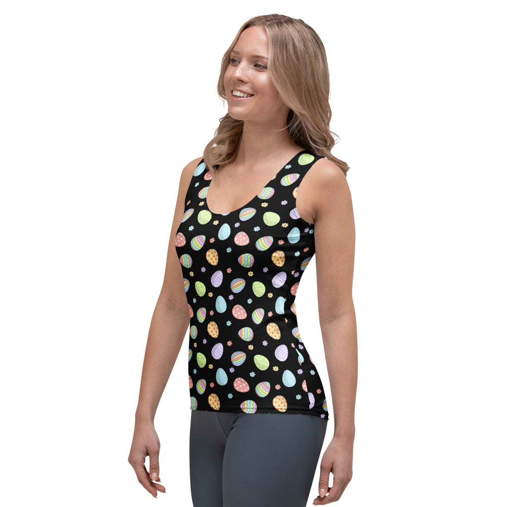 Women’s black sleeveless tank top with colorful pastel Easter eggs and flowers made of quick drying buttery soft fabric with upf 50+