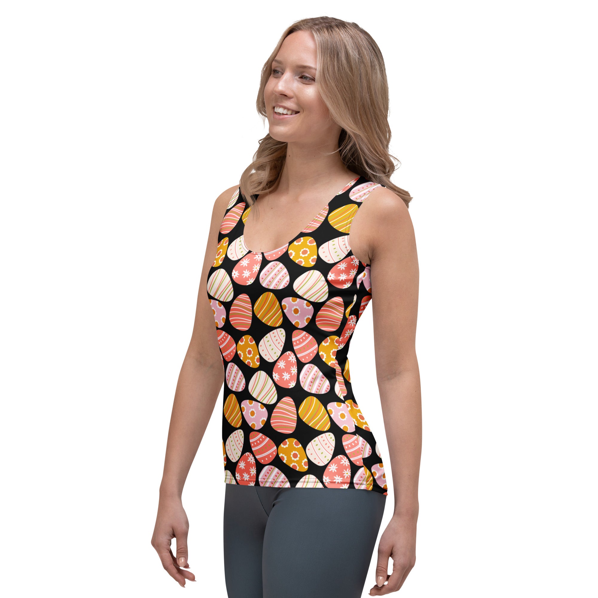 Black sleeveless women’s retro Easter egg tank top with colorful eggs in quick drying buttery soft fabric upf 50+