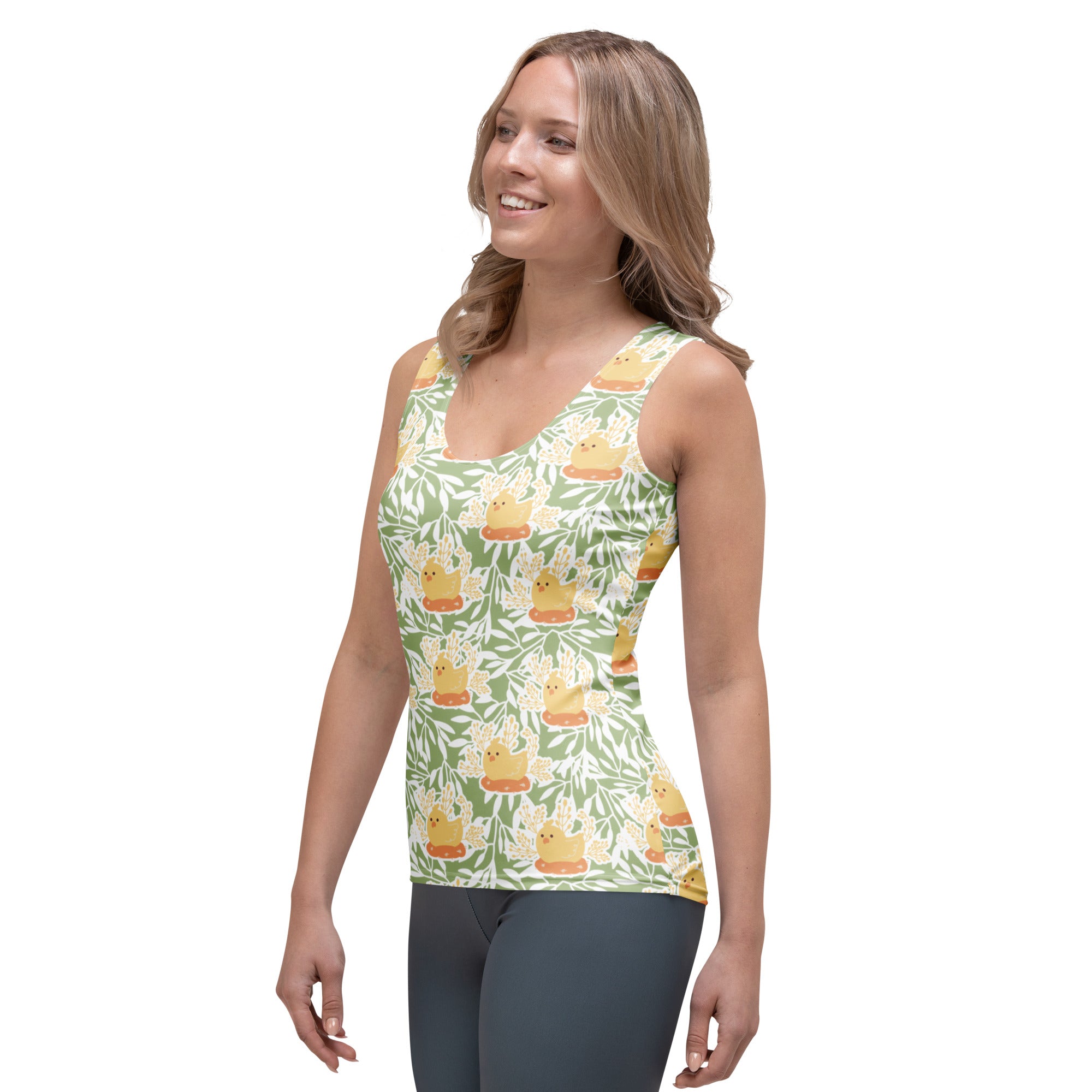 Women’s sage green and yellow duck-themed tank top with leafy pattern quick drying buttery soft fabric upf 50+