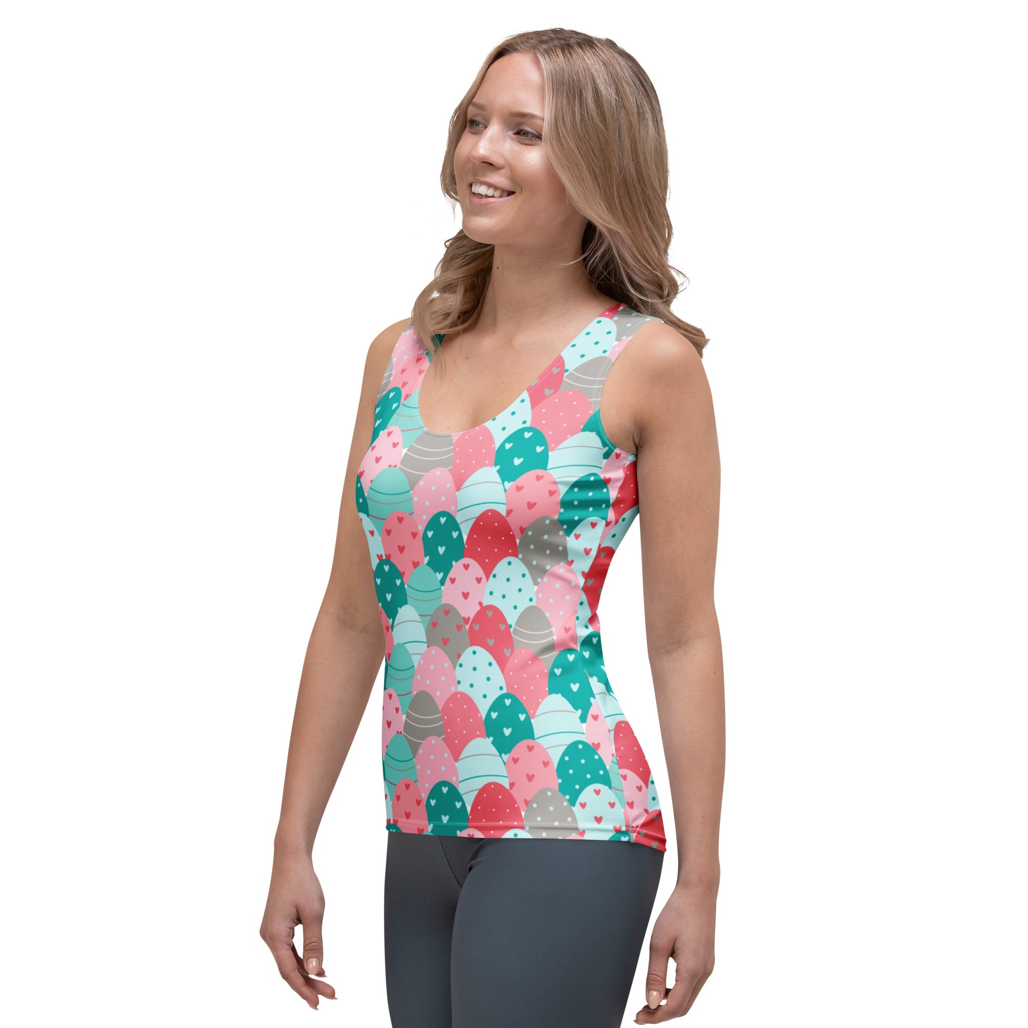 Women’s easter egg print tank top with colorful eggs and hearts in buttery soft quick drying fabric with upf 50+