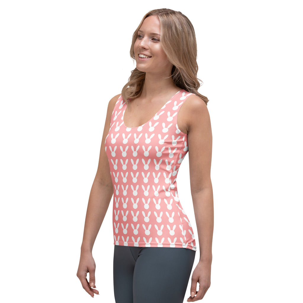 Women’s pink sleeveless tank top with white bunny pattern made of quick drying buttery soft fabric with upf 50+ protection