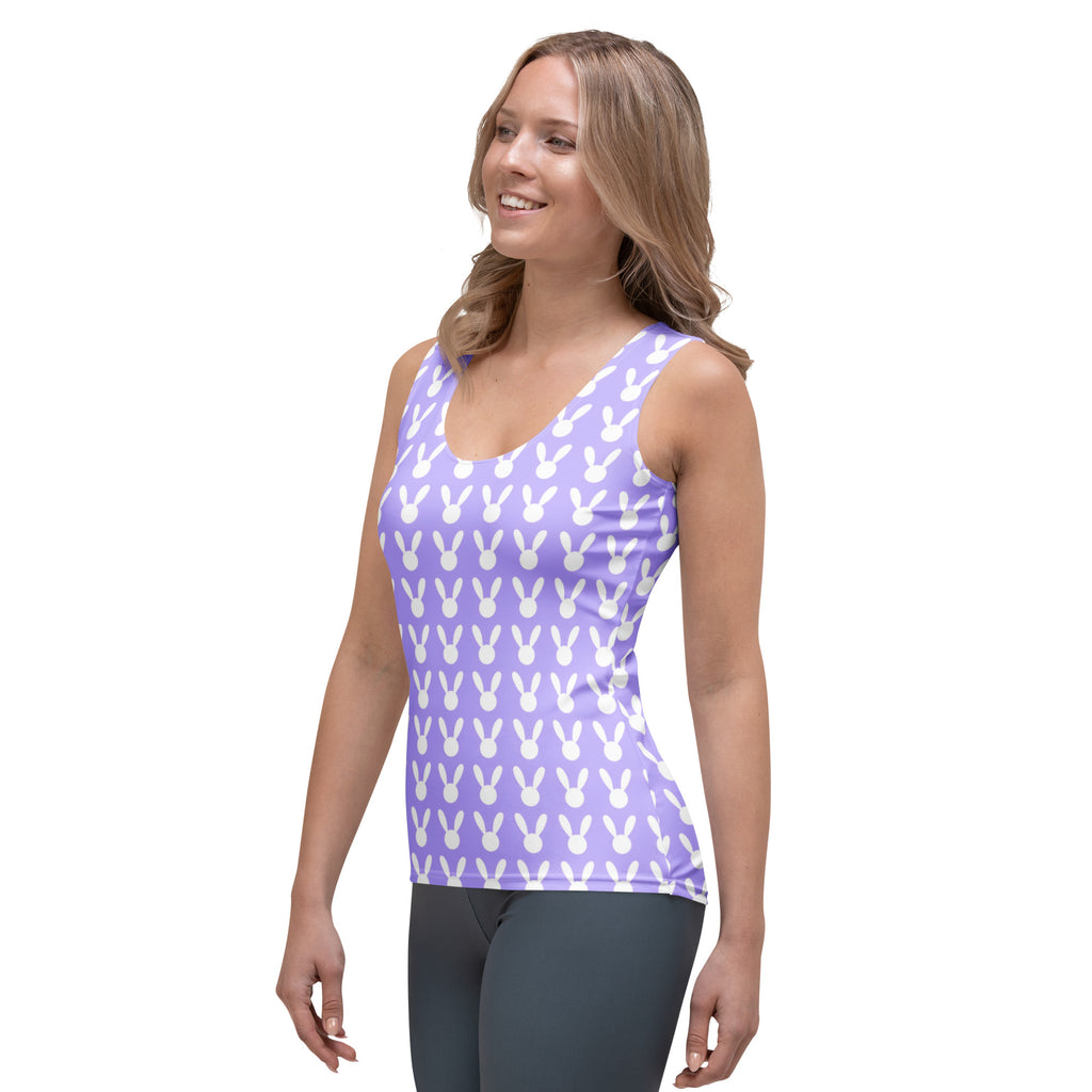 Women’s purple bunny tank top with repeating white bunny print quick drying buttery soft fabric and UPF 50+ protection