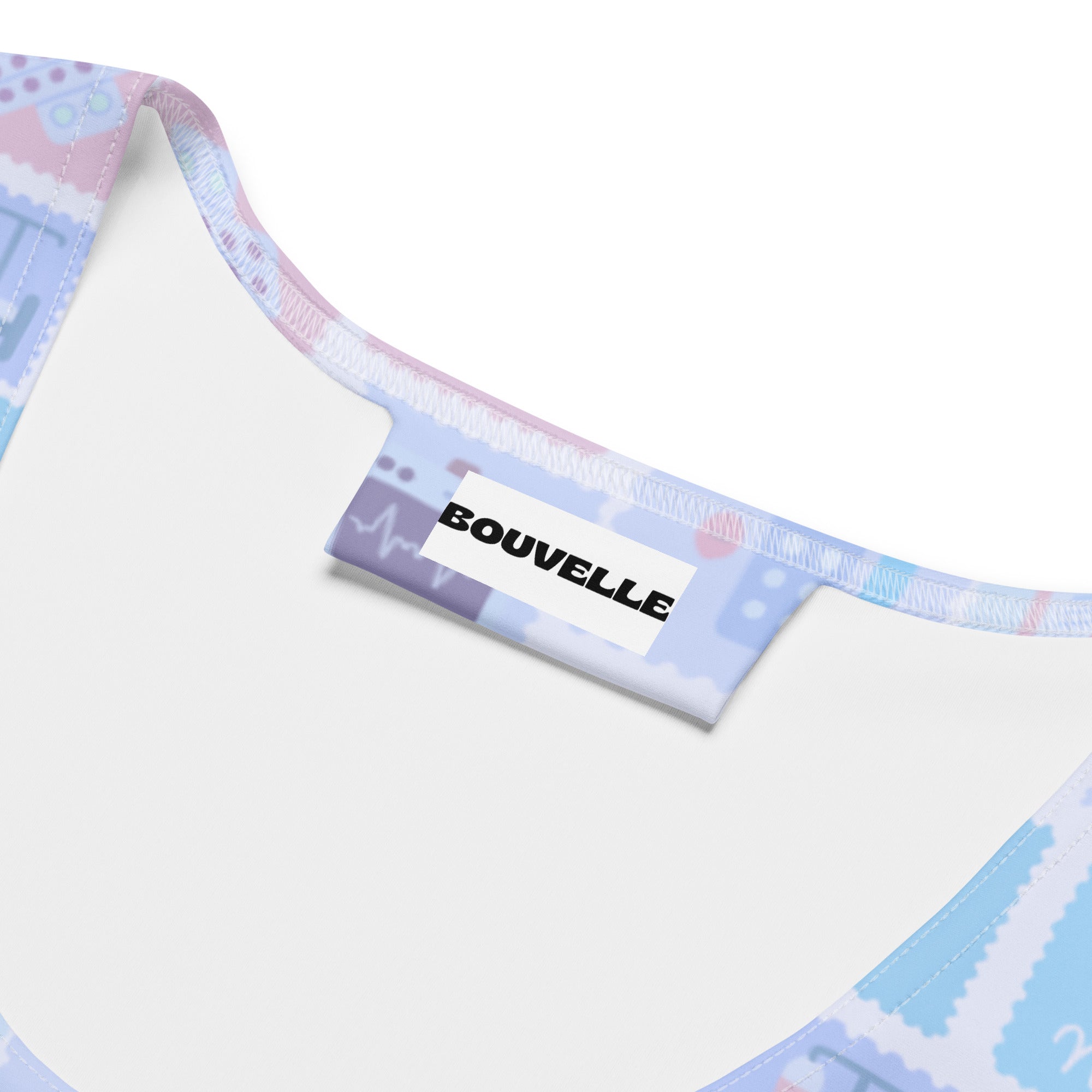 Women’s pastel blue and pink patterned bikini top with buttery soft fabric and white bouvelle label